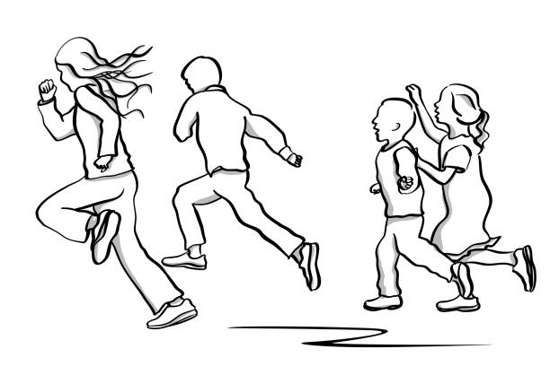 Tall Kids Racing Ahead Sketch of four siblings having a race and the tallest kids getting ahead of the little ones quickly tall boy stock illustrations