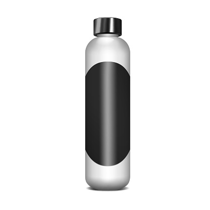 Tall narrow cylinder shaped white bottle with blank round black label and screw cap, realistic vector mockup. Template for design