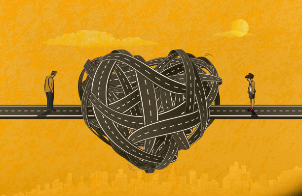 Tangled Knot-Love Young couple facing a big tangled knot in the shape of heart.(Used clipping mask) divorce stock illustrations