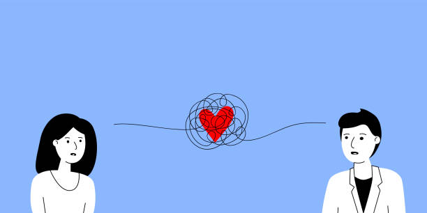 tangled thread with heart between man and woman tangled thread with heart between man and woman. concept of hard relationship, complex trouble characters, confuse feelings friend, sad people, emotional burnout. simple sign on blue background unhappy couple stock illustrations