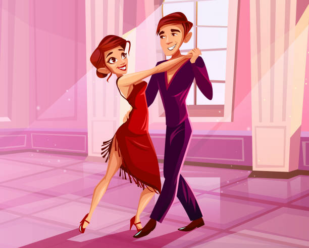 stockillustraties, clipart, cartoons en iconen met tango dansers in balzaal vector illustratie - castle couple
