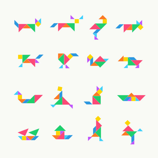 ilustraciones, imágenes clip art, dibujos animados e iconos de stock de tangram rompecabezas conjunto cuadrado. triángulo vectorial geométrico tangram plantilla de plantilla chino tradicional - tangram casa