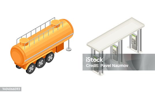 istock Tanker truck and gas station isometric vector illustration 1404066593