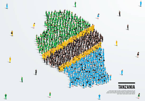 Tanzania Map and Flag. A large group of people in the Tanzania flag color form to create the map. Vector Illustration. vector art illustration