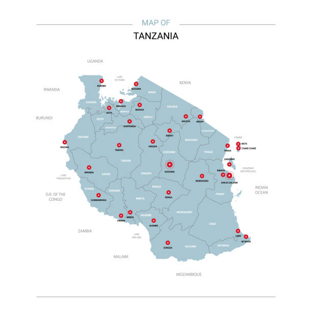 Tanzania map vector with red pin. Tanzania vector map. Editable template with regions, cities, red pins and blue surface on white background. tanzania stock illustrations