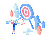 Target advertising isometric vector illustration. Marketer optimizing, setting ads campaign, sales conversion, website traffic increasing flat concept. Digital marketing strategy, lead generation