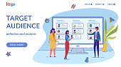 Target Audience Flat Vector Landing Page Template. Corporate Staff Personal Profiles with Avatars on Computer Screen. Online Advertisement Strategy Homepage Cartoon Layout. Lead Generation