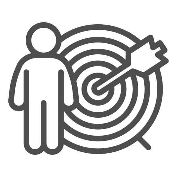 Target audience line icon. Person and arrow in center of darts board outline style pictogram on white background. Headhunting targeting for mobile concept and web design. Vector graphics. Target audience line icon. Person and arrow in center of darts board outline style pictogram on white background. Headhunting targeting for mobile concept and web design. Vector graphics SEO clients stock illustrations