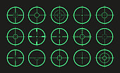 Target icon. Crosshair and aim of sniper. Sight for gun, rifle for military. Logo of periscope in army. Shot from weapon in bullseye. Precise crosshair in game. Cross, dot in focus for optical. Vector
