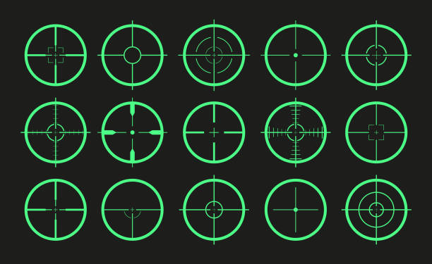Target icon. Crosshair and aim of sniper. Sight for gun, rifle for military. Logo of periscope in army. Shot from weapon in bullseye. Precise crosshair in game. Cross, dot for optical lens. Vector. Target icon. Crosshair and aim of sniper. Sight for gun, rifle for military. Logo of periscope in army. Shot from weapon in bullseye. Precise crosshair in game. Cross, dot in focus for optical. Vector military symbols stock illustrations