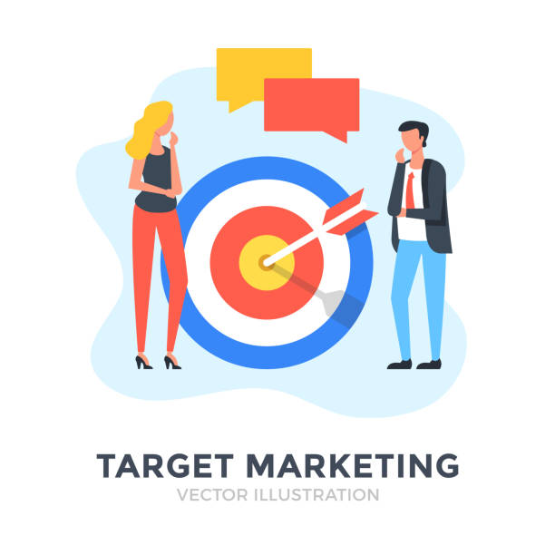 ilustraciones, imágenes clip art, dibujos animados e iconos de stock de marketing objetivo. diseño plano. gente de negocios. ilustración vectorial - target market