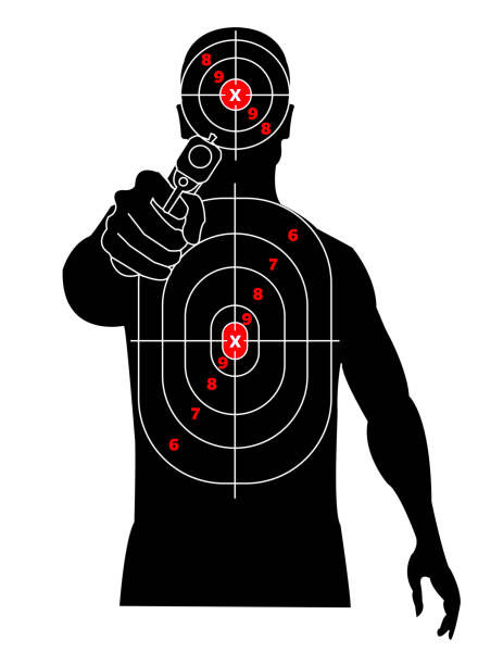 Target shooting. Silhouette of a man with gun in his hand, criminal, thug Target shooting. Silhouette of a man with gun in his hand, criminal, delinquent. Target on his chest and head paper silhouettes stock illustrations