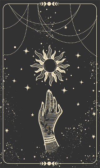 Tarot card with hand and sun. Magical boho design with stars, engraving stylization, witch cover in vintage design. Golden mystical hand drawing on black background.