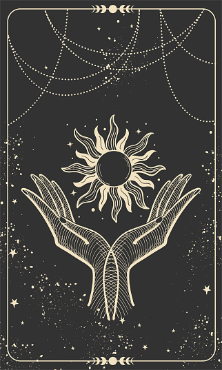 Tarot card with two palms holding the sun. Magic boho design with stars, engraving stylization, cover for the witch. Golden mystical hand drawing on a black background with stars