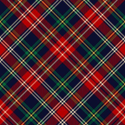 Tartan plaid pattern for Christmas duvet cover or carpet in red, green, navy blue, yellow, beige. Seamless dark New Year holiday vector for blanket, throw, other modern winter fabric print.