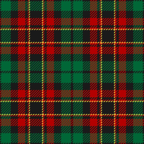 ilustrações de stock, clip art, desenhos animados e ícones de tartan plaid pattern in red, green, yellow, black. seamless checked background for christmas holiday flannel shirt, dress, trousers, gift wrapping, or other modern winter fashion textile print. - tartan christmas