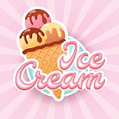 Cartoon style vector illustration. Pink sunburst background. Chocolate, vanilla, caramel and strawberry soft ice cream in waffle cones.