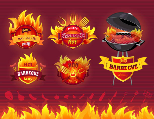 tasty hot barbecue, grill party, set von icons - bbq stock-grafiken, -clipart, -cartoons und -symbole