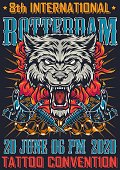 Tattoo convention in Rotterdam vintage poster with inscriptions ferocious wolf head in fire brass knuckles crossed tattoo machines rays vector illustration