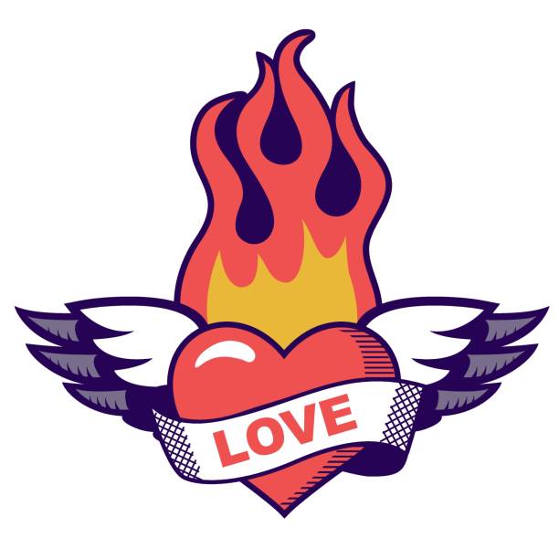 tattoo old style sticker with heart with wings and fire vector art illustration