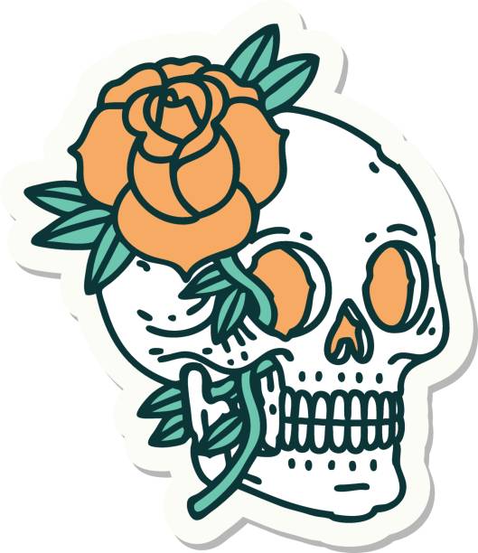 tattoo style sticker of a skull and rose sticker of tattoo in traditional style of a skull and rose skulls tattoos stock illustrations