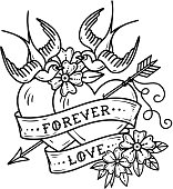 Tattoo two hearts pierced by arrow. Hearts with flowers , ribbon and swallows. Forever love. Illustration for Valentines Day. Old School design. Black and white tattoo