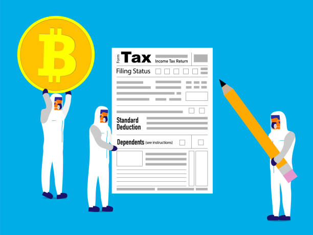 Tax and bitcoin Accountants dressed in protective gear carry bitcoin, tax form and pencil. irs stock illustrations