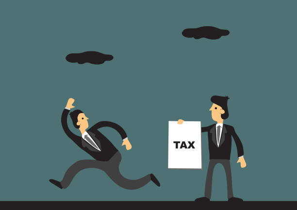 Tax Evasion Concept Funny Cartoon Vector Illustration Cartoon businessman running away from tax collector. Vector illustration on tax evasion concept. irs stock illustrations
