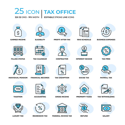 Tax Office Editable Stroke Line Icons in Flat Style. Trendy Colors with unique style