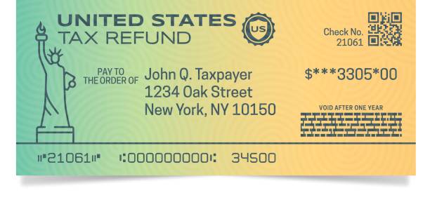 ilustraciones, imágenes clip art, dibujos animados e iconos de stock de impuestos cheque de reembolso - federal reserve