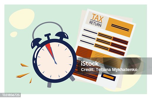 istock Tax return time. Official obligations and time of payment of income. Finance form paper document, revenue. Information, report and statement of due date. Return tax filing concept. Vector illustration 1331856725