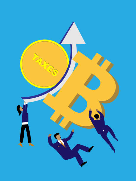 Taxes crash into bitcoin Tax coin crashes into arrow and bitcoin symbol. Investors go flying. irs stock illustrations