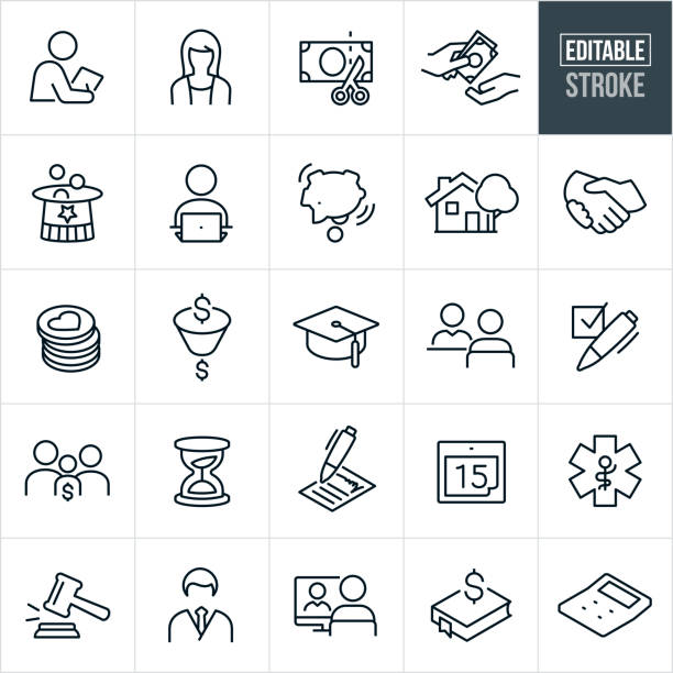 Taxes Thin Line Icons - Editable Stroke A set of taxes icons that include editable strokes or outlines using the EPS vector file. The icons include an accountant, CPA, tax preparer, customer, cash from one hand to another, currency being cut in half, government hat taking coins, person doing taxes at computer, piggy bank being emptied, house, handshake, donations, education, customer meeting with CPA, checkbox, family, deductibles, hourglass, tax form, calendar, health care, gavel, tax book and a calculator to name a few. graduation hat vector stock illustrations
