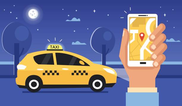 illustrazioni stock, clip art, cartoni animati e icone di tendenza di taxi di notte - taxi