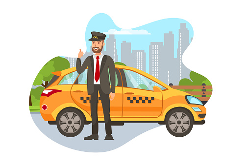 ✓ Imagen de Dibujos animados de taxi amarillo con taxista Fotografía de  Stock