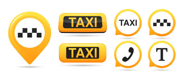 illustrazioni stock, clip art, cartoni animati e icone di tendenza di icone vettoriali del servizio taxi. puntatore della mappa dei taxi, cartelli dei taxi. set di icone del servizio taxi - taxi