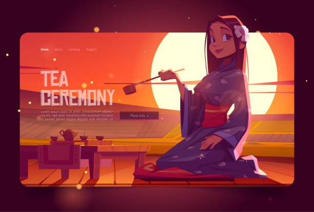 stockillustraties, clipart, cartoons en iconen met tea ceremony cartoon landing page, asian woman - sunset dining
