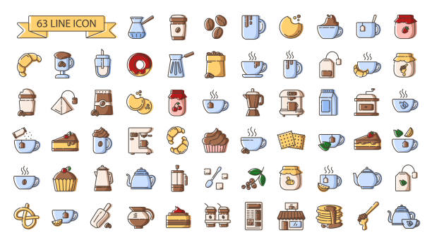 Set of simple outline color icons - tea and coffee drinks, coffee...