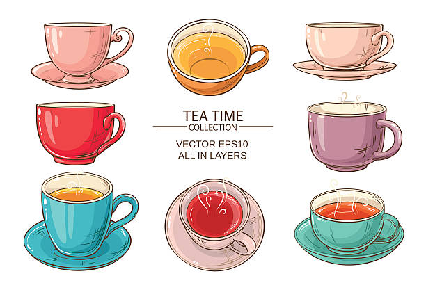 tea cups set color Tea cups vector set on white  background tea cup stock illustrations