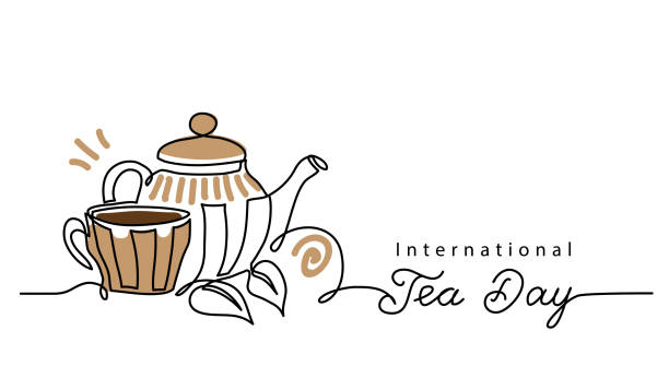 Tea day vector background with teacup and kettle. One line drawing art illustration,border, banner with lettering international tea day Tea day vector background with teacup and kettle. One line drawing art illustration,border, banner with lettering international tea day. breakfast borders stock illustrations