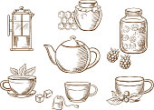 istock Tea icons with jam, honey, cups and teapots 507900232