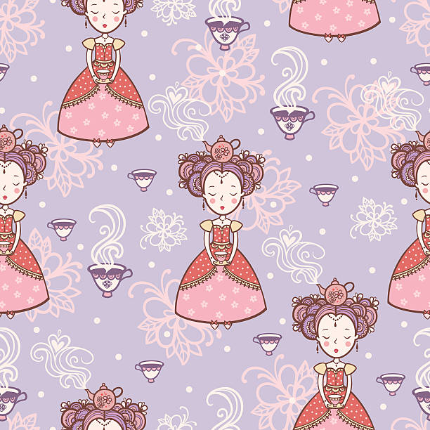 Tea time. Vintage romantic seamless pattern with princesses. curley cup stock illustrations