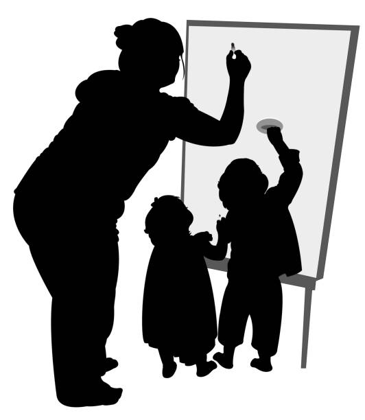 teacher and children studying, silhouette vector teacher and children studying, silhouette vector writing activity silhouettes stock illustrations