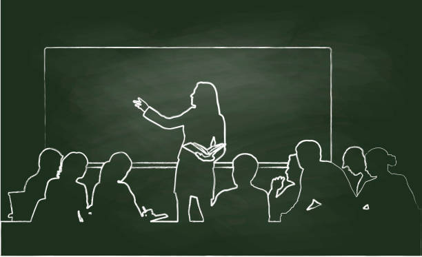 Teacher Concentration Chalk vector illustration of a woman teacher and students listening to the lecture teacher silhouettes stock illustrations