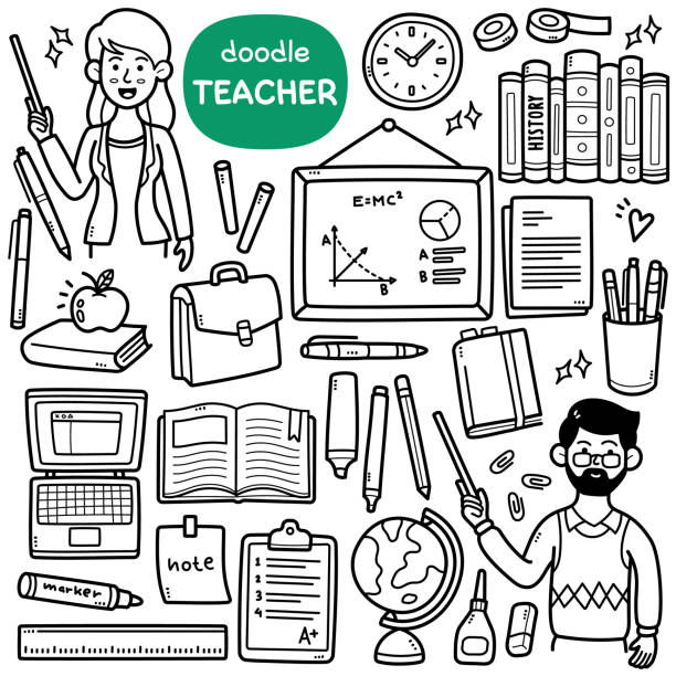 Teacher Doodle Illustration Doodle vector set: Teacher related objects and elements such as whiteboard, books, globe, bag, etc. Black and white line illustration teacher drawings stock illustrations