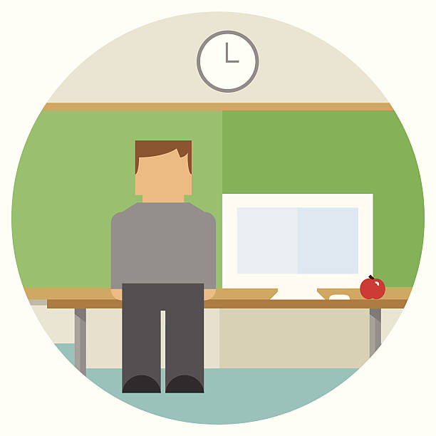 Teacher in Front of Classroom with Computer vector art illustration