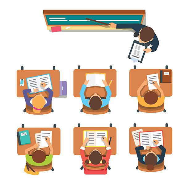 ilustraciones, imágenes clip art, dibujos animados e iconos de stock de profesor delante de los niños en el aula - salon de clases