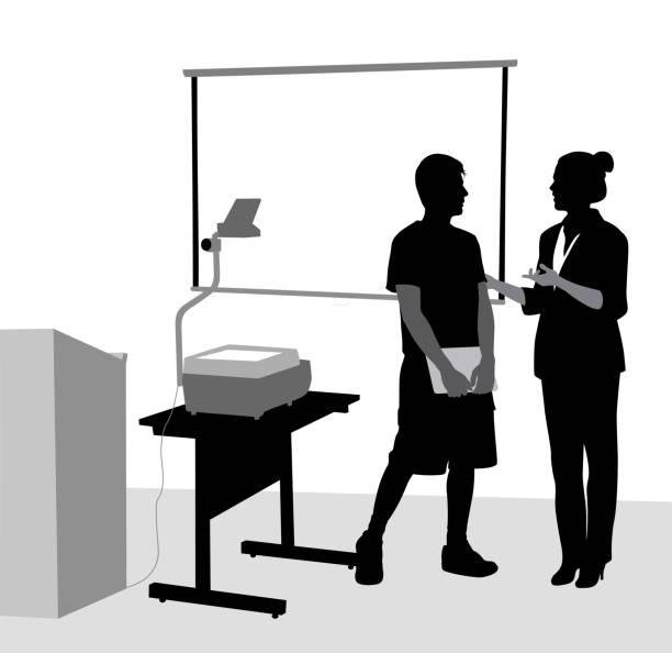 Teacher Presentation Advice Student talking to his teacher at the front of the classroom teacher silhouettes stock illustrations