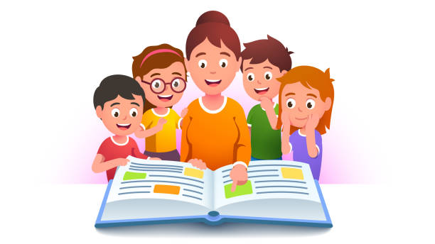 Teacher woman pointing at big book page teaching kids students class gathered around at school or kindergarten education lesson. Excited children studying reading. Flat vector illustration Teacher woman pointing at big book page teaching kids students class gathered around at school or kindergarten education lesson. Excited children studying reading. Flat style vector isolated illustration teacher clipart stock illustrations