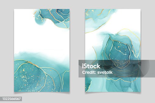 istock Teal blue and mint colored liquid watercolor background with gold stains and dots. Luxury minimal turquoise hand drawn fluid alcohol ink drawing effect. Vector illustration design template 1322566567